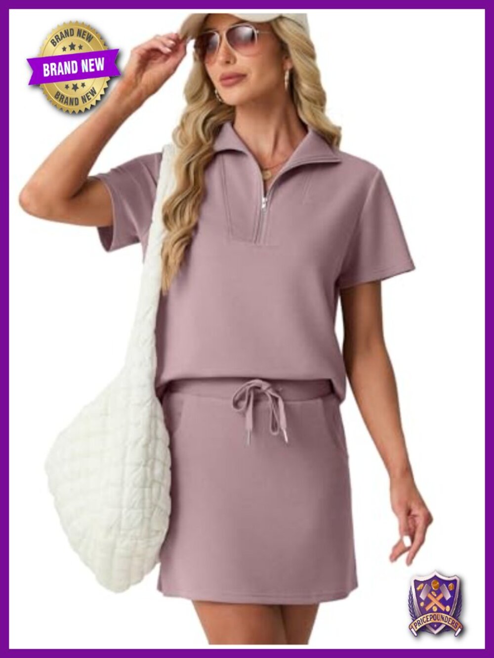 Women's 2 Piece Skort Set Half Zip Short Sleeve Top Pocketed Tennis Workout